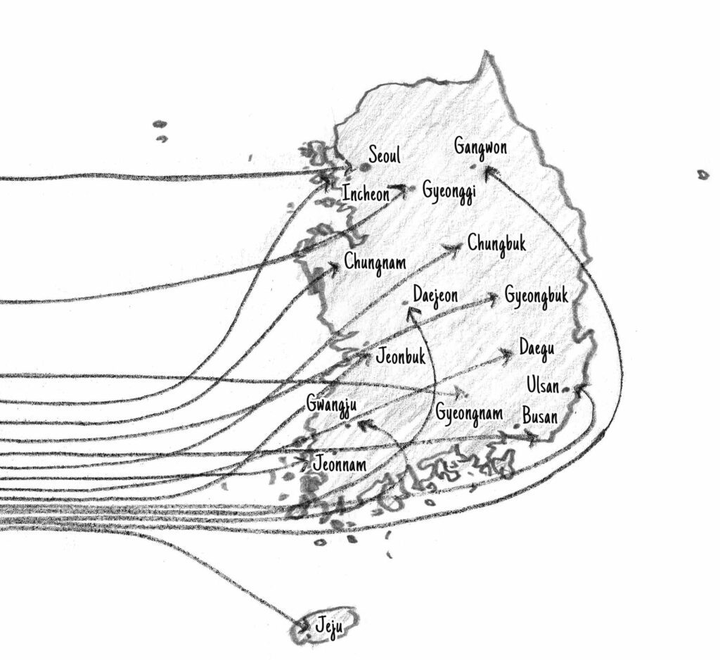 Teil 2 eines von Hand gezeichneten Diagramms, das die Zahl von registrierten Ausländern zwischen 2001 und 2011 zeigt. In diesem Teil wird gezeigt, in welche Regionen sie gezogen sind. 

